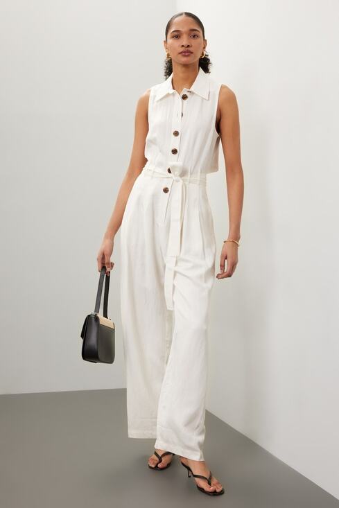 Reiss Pants - REISS Women's White Collared Front Button Belted Wide Leg Jumpsuit Size US 2